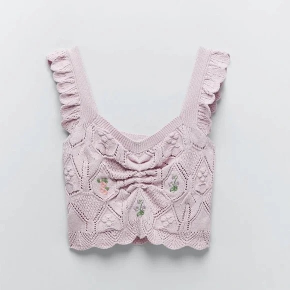 Zara Tops - Zara Pink Crochet Crop Top with Floral Embroidery Size Medium